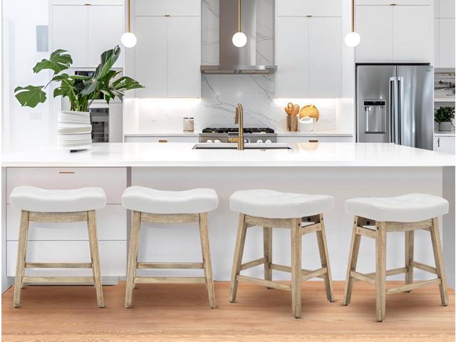 Counter Height White Bar Stools Set of 6 for Kitchen Counter Farmhouse Modern Barstools with Faux Leather Upholstered Backless Seat and Solid Wood...