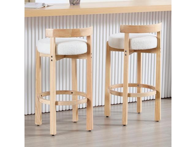 HEAH-YO Mid Century Modern Sherpa Bar Stools Set of 2, 30.25' Pub Height Stools with Back, Boucle Upholstered Barstools with Solid Wood Legs Bar...
