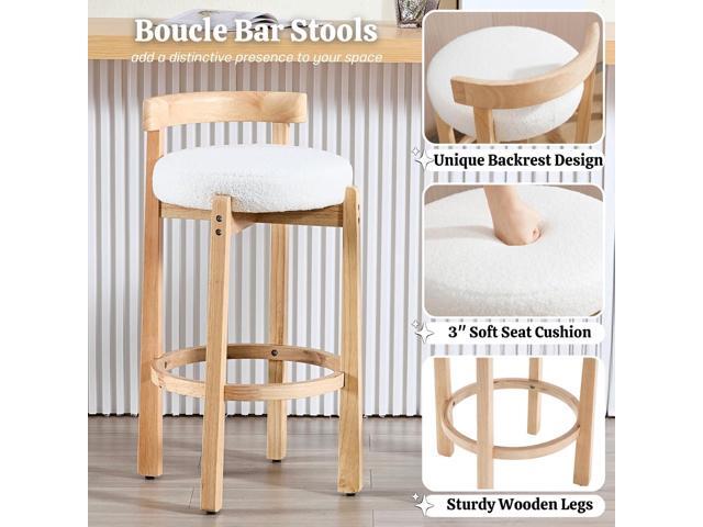 HEAH-YO Mid Century Modern Sherpa Bar Stools Set of 2, 30.25' Pub Height Stools with Back, Boucle Upholstered Barstools with Solid Wood Legs Bar...