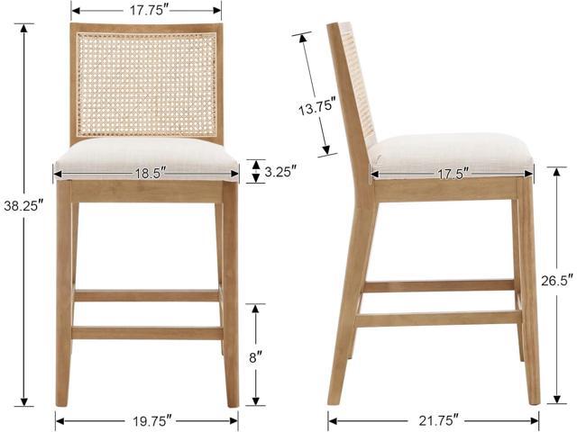 26.5' Rattan Bar Stools Set of 2 Modern Linen Fabric Upholstered Counter Height Bar Stools, Kitchen Island Barstools with Rattan Back, Natural...