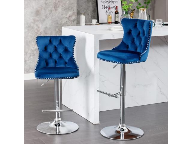 Swivel Counter Height Bar Stools Set of 4, Navy Kitchen Island Barstools, Velvet Adjustable Bar Height Stool Chairs, Tufted Back, Silver Chrome...