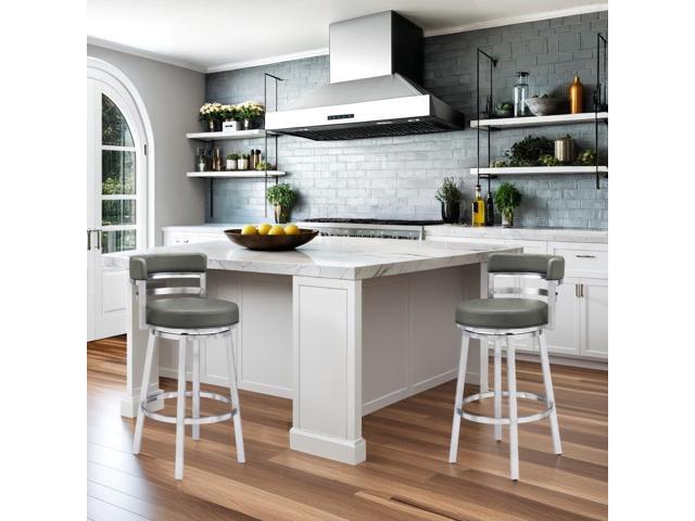 Armen Living Madrid 26' Counter Height Swivel Modern Gray Faux Leather and Brushed Stainless Steel Bar Stool for Kitchen Island Counter