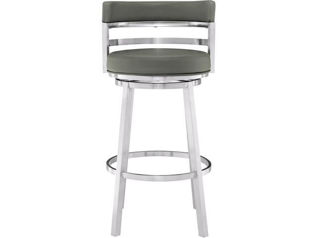 Armen Living Madrid 26' Counter Height Swivel Modern Gray Faux Leather and Brushed Stainless Steel Bar Stool for Kitchen Island Counter