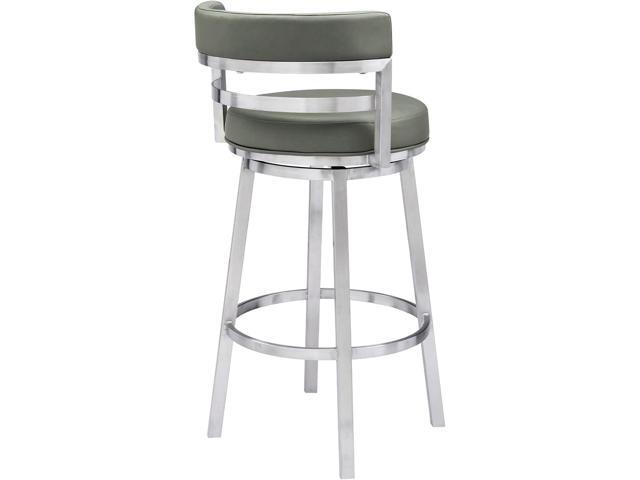 Armen Living Madrid 26' Counter Height Swivel Modern Gray Faux Leather and Brushed Stainless Steel Bar Stool for Kitchen Island Counter
