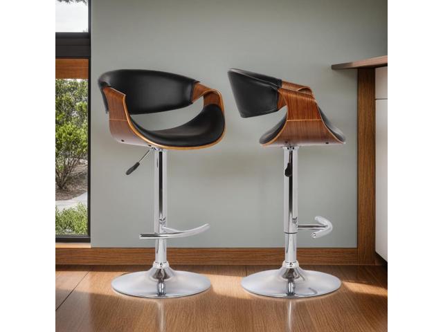 Armen Living Butterfly Swivel Adjustable Barstool in Black Faux Leather and Walnut Wood Finish