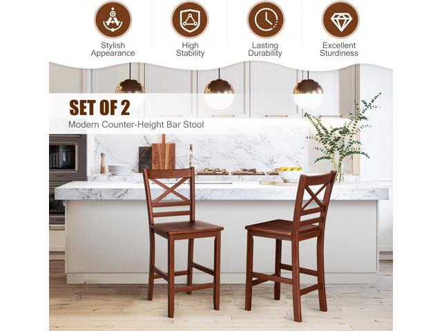 COSTWAY Bar Stools Set of 2, 25'' Antique Kitchen Counter Height Chairs with Wooden X-Shaped Backrest & Rubber Wood Legs, Suitable for Home, Cafe...
