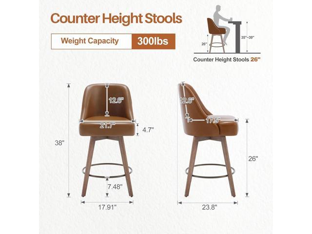 Counter Height Bar Stools Set of 3, Mid-Century Swivel Bar Chairs with Backs and Beech Wood Legs, 26 Inch Seat Height, PU Leather Upholstered...