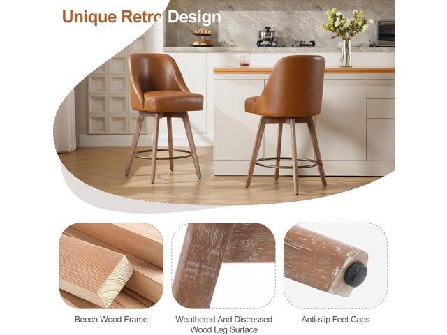 Counter Height Bar Stools Set of 3, Mid-Century Swivel Bar Chairs with Backs and Beech Wood Legs, 26 Inch Seat Height, PU Leather Upholstered...