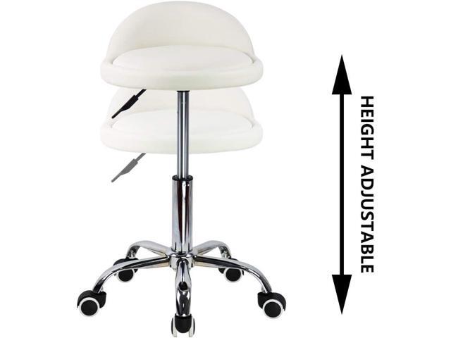 KKTONER PU Leather Round Rolling Stool with Back Rest Height Adjustable Swivel Drafting Work SPA Task Chair with Wheels (White)