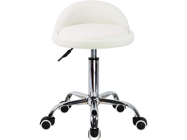 KKTONER PU Leather Round Rolling Stool with Back Rest Height Adjustable Swivel Drafting Work SPA Task Chair with Wheels (White)