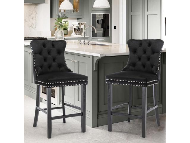Velvet Upholstered Bar Stools Set of 6 with Back and Wood Legs, Metal Pulling Ring, Armless Counter Height Barstools for Kitchen Island, Pub(Black)