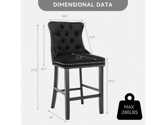Velvet Upholstered Bar Stools Set of 4 with Back and Wood Legs, Metal Pulling Ring, Armless Counter Height Barstools for Kitchen Island, Pub(Black)