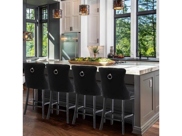 Velvet Upholstered Bar Stools Set of 4 with Back and Wood Legs, Metal Pulling Ring, Armless Counter Height Barstools for Kitchen Island, Pub(Black)