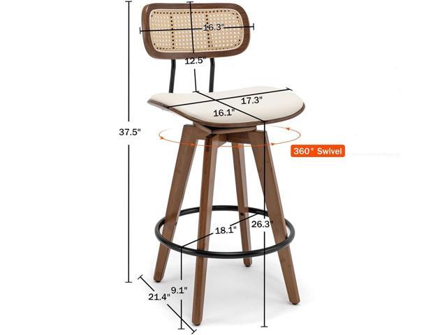 26' Rattan Bar Stools Set of 4, Beige Faux Leather Counter Height Swivel Barstools with Rattan Backrest and Wooden Legs,Armless Mid Century Modern...