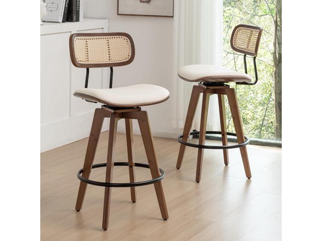 26' Rattan Bar Stools Set of 4, Beige Faux Leather Counter Height Swivel Barstools with Rattan Backrest and Wooden Legs,Armless Mid Century Modern...