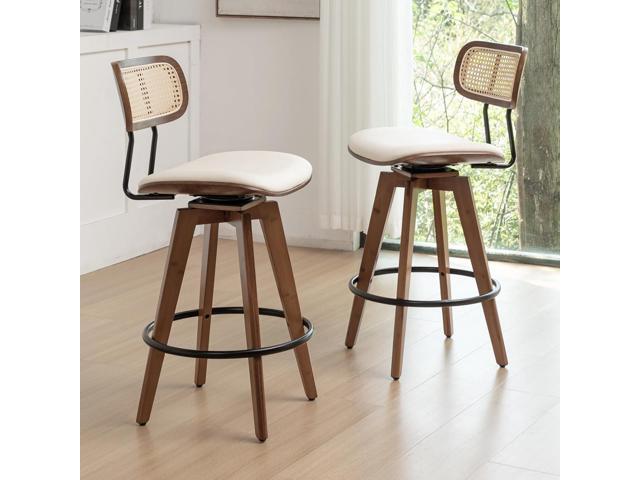 26' Rattan Bar Stools Set of 4, Beige Faux Leather Counter Height Swivel Barstools with Rattan Backrest and Wooden Legs,Armless Mid Century Modern...
