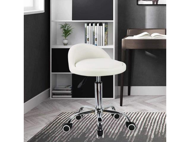 KKTONER PU Leather Round Rolling Stool with Back Rest Height Adjustable Swivel Drafting Work SPA Task Chair with Wheels (White)