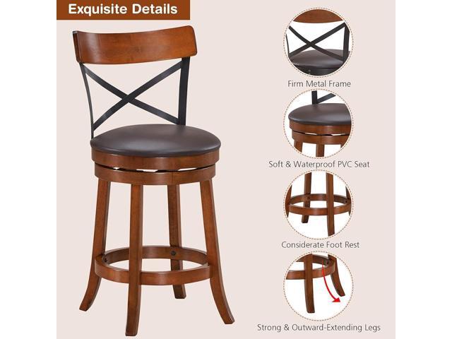 COSTWAY Bar Stool Set of 2, 360-Degree Swivel Solid Wood Stools with Soft Cushion & Backrest, 25Height Kitchen Counter Bar Stools for Kitchen...