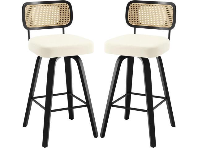 Swivel Bar Height Stools Set of 2, Upholstered Faux Leather Barstools with Rattan Back, 29' Seat Height Tall Bar Stools for Kitchen Counter, Black...