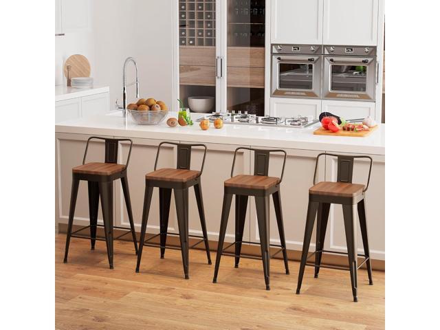 Bar Stools Set of 4 Metal Bar Stool Counter Height Bar Stools Rusty, Modern 24' Bar Chairs with Back and Wooden Seat Bar Stool Counter Height