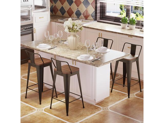 Bar Stools Set of 4 Metal Bar Stool Counter Height Bar Stools Rusty, Modern 24' Bar Chairs with Back and Wooden Seat Bar Stool Counter Height