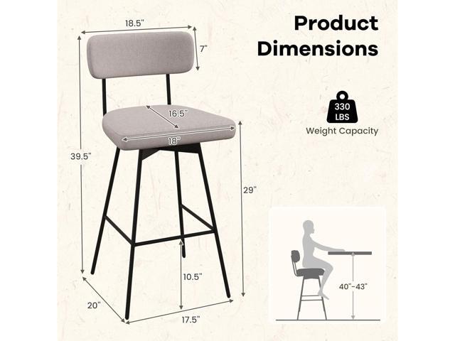 COSTWAY Bar Stools Set of 4, 29 Upholstered Bar Height Chairs with Back, 360° Swivel Bar Chairs with Heavy-Duty Metal Legs and Footrests, Fabric...