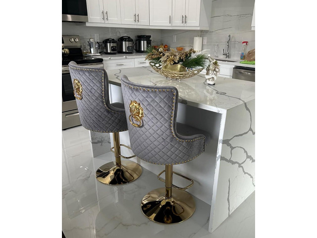 Velvet Gold Barstools Set of 2, Modern Counter Height Adjustable Swivel Stools Chairs with High Tufted Backrest Golden Base Lion Head Pull Ring...