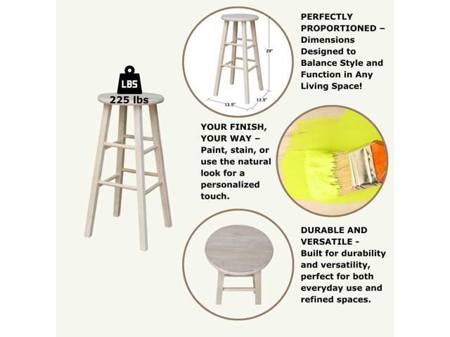 IC International Concepts Round Top Stool Solid Parawood, 29' H, W x 13.5' D x, 225 lb Wt. Capacity, Kitchen/Dining, Fully Assembled, DIY,...