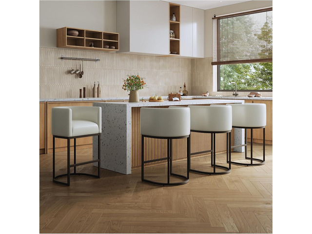 26' Modern Kitchen Counter Height Bar Stools,PU Leather Upholstered Barrel Barstools Covers with Backs,Island Chairs Bar Stools Set of 4 with Metal...