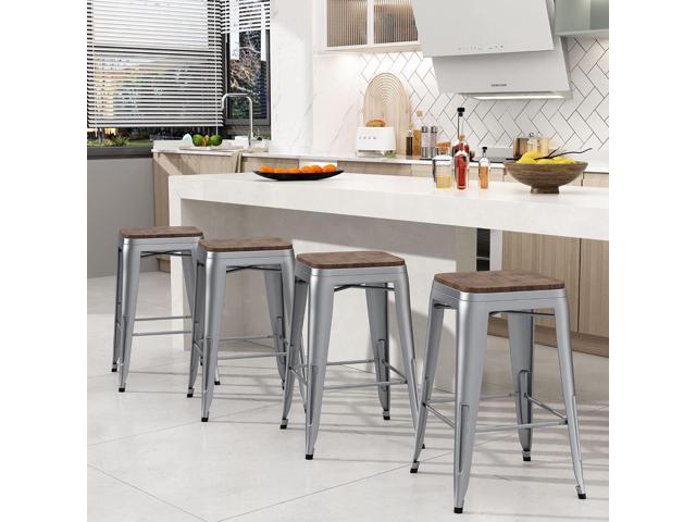 Andeworld Bar Stools Set of 4 Stackable Metal Bar Stools Industrial Counter Height Stools Backless Barstools with Wooden Seats (26 inch, Silver...