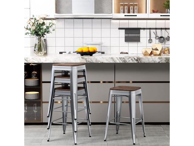Andeworld Bar Stools Set of 4 Stackable Metal Bar Stools Industrial Counter Height Stools Backless Barstools with Wooden Seats (26 inch, Silver...