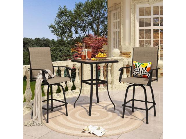 PHI VILLA 3 PCS Patio Swivel Bar Sets Textilene High Bistro Sets with 2 Outdoor Bar Stools and 1 Square Bar Table, Brown