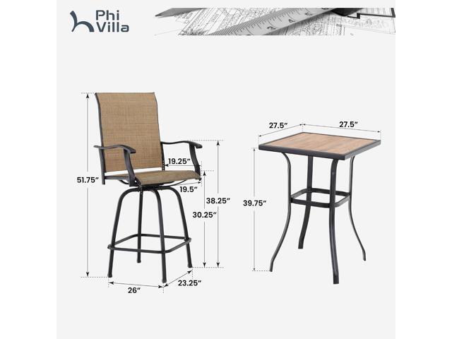 PHI VILLA 3 PCS Patio Swivel Bar Sets Textilene High Bistro Sets with 2 Outdoor Bar Stools and 1 Square Bar Table, Brown