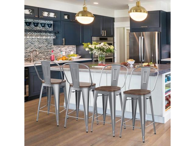 HAOBO Home 26' High Back Metal Counter Stools Height Bar Stools Chairs Industrial with Wooden Seat [Set of 4] Barstools, Silver