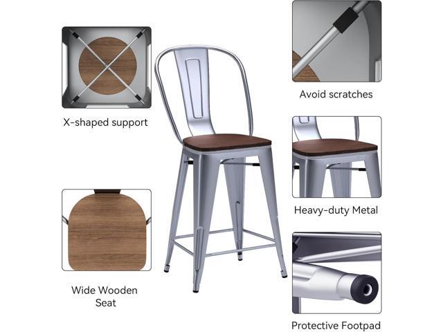 HAOBO Home 26' High Back Metal Counter Stools Height Bar Stools Chairs Industrial with Wooden Seat [Set of 4] Barstools, Silver