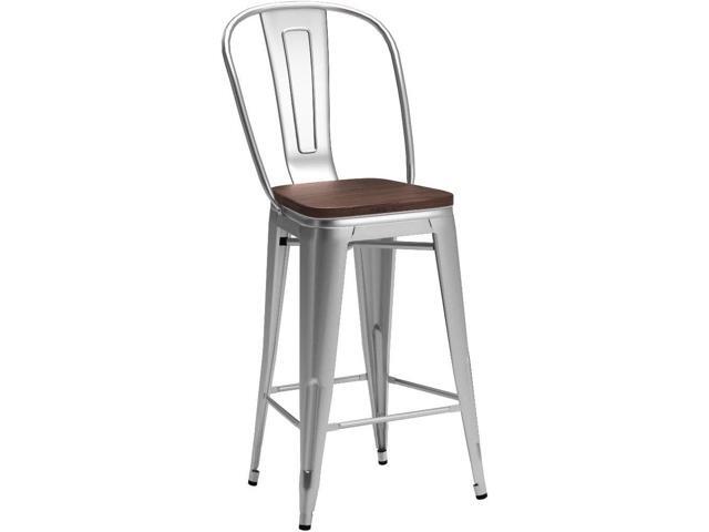 HAOBO Home 26' High Back Metal Counter Stools Height Bar Stools Chairs Industrial with Wooden Seat [Set of 4] Barstools, Silver