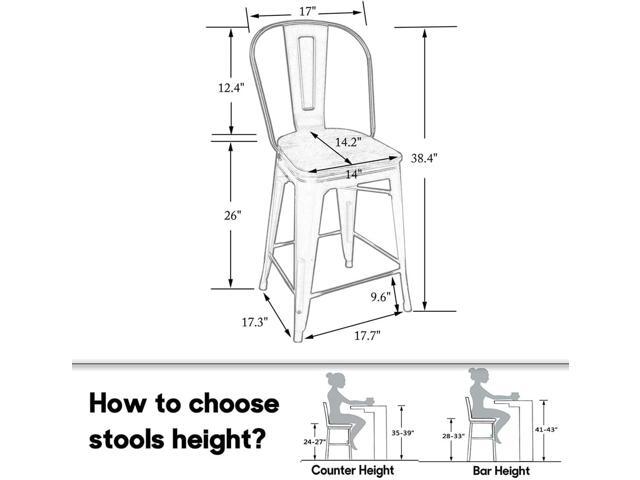 HAOBO Home 26' High Back Metal Counter Stools Height Bar Stools Chairs Industrial with Wooden Seat [Set of 4] Barstools, Silver