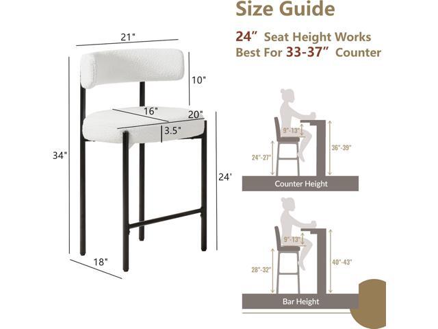 Counter Height Bar Stools, 24'' White Bar Stools Set of 3, Boucle Counter Stools with Back, Mid-Century Modern Bar Stools for Kitchen Island,...
