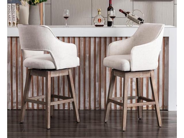 Kmax 28' Fabric Counter Height Bar Stools Swivel Farmhouse Bar Stools with Wood Legs Open Back Footrest for Kitchen Island, Set of 2- Cream