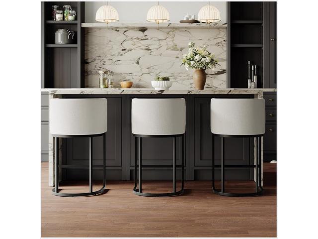 26' Modern Kitchen Counter Height Bar Stools,Fabric Upholstered Barrel Barstools Covers with Backs,Island Chairs Bar Stools Set of 3 with Metal...