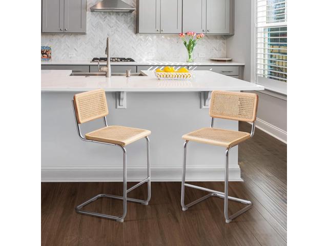 Rattan Bar Stools Set of 4, 24 Inch Modern Counter Stools with Cane Back, Low Back Barstools with Cane Seat, Counter Height Chairs with Metal Legs...