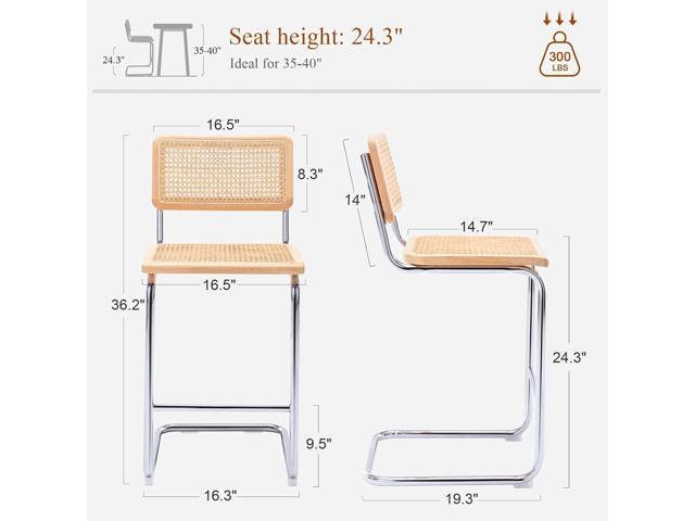 Rattan Bar Stools Set of 4, 24 Inch Modern Counter Stools with Cane Back, Low Back Barstools with Cane Seat, Counter Height Chairs with Metal Legs...