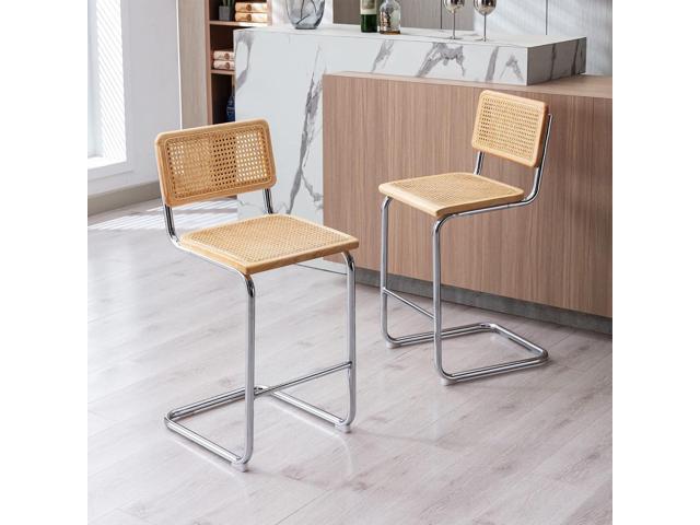 Rattan Bar Stools Set of 4, 24 Inch Modern Counter Stools with Cane Back, Low Back Barstools with Cane Seat, Counter Height Chairs with Metal Legs...