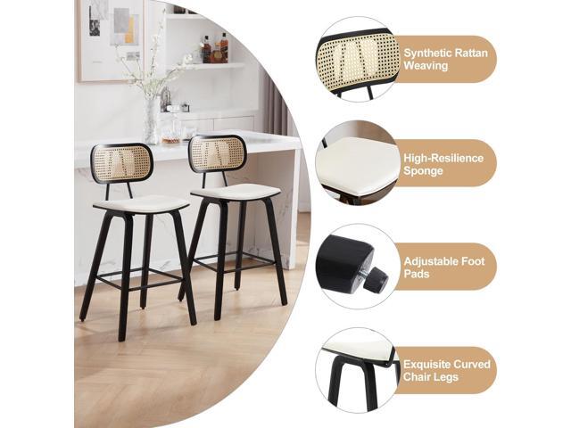 Counter Height Bar Stools, 26' PU Leather Upholstered Rattan Barstools, Mid Century Modern Bar Chairs with Black Wood Legs, Armless Walnut Kitchen...