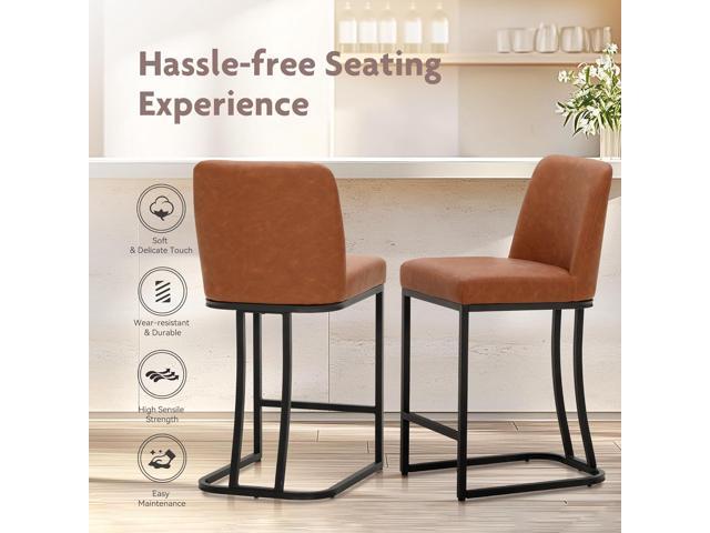ALPHA HOME 24 Bar Stool Retro Design of Bar Stool Matte Leather Bar Chair Brown Metal Frame with Backrest Coffee Shop Kitchen Dining Room Cushion...