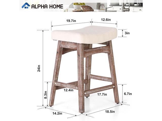 ALPHA HOME Bar Stools Set of 4, Solid Wood Saddle Kitchen Stools with Beige Linen Fabric Cushion Counter Height Barstools with Vintage Farm Wooden...