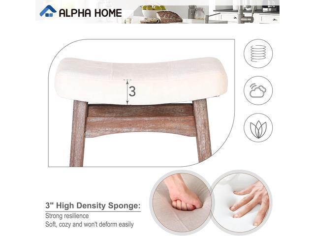 ALPHA HOME Bar Stools Set of 4, Solid Wood Saddle Kitchen Stools with Beige Linen Fabric Cushion Counter Height Barstools with Vintage Farm Wooden...
