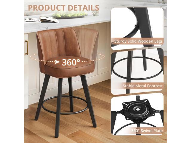 LUE BONA 360-degree Swivel Bar Stools Set of 2, 26' Counter Height Bar Stools with High Back and Wood Legs, Morden Faux Leather Upholstered...