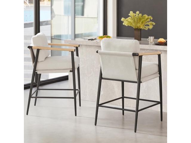 Watson & Whitely Mid Century Modern Barstools Set of 2, 26' H Upholstered Counter Height Bar Stools with Wood Armrests and Metal Legs, Fabric in Beige