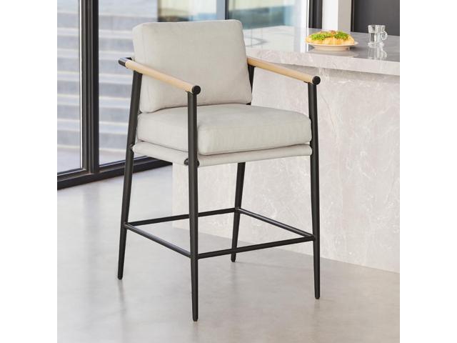 Watson & Whitely Mid Century Modern Barstools Set of 2, 26' H Upholstered Counter Height Bar Stools with Wood Armrests and Metal Legs, Fabric in Beige